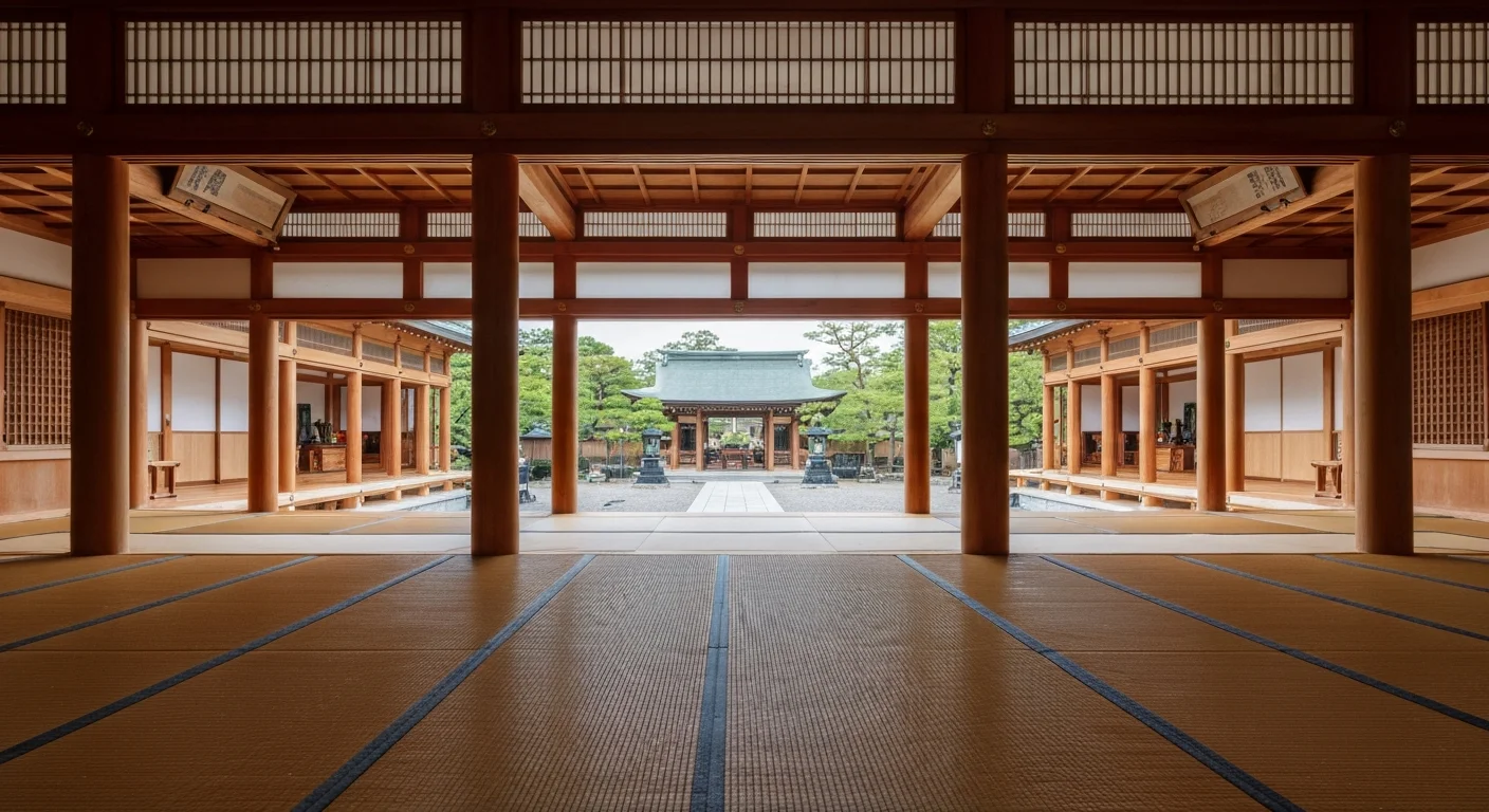 本堂の内側に並ぶ木の柱と畳敷きの法要空間を写した写真