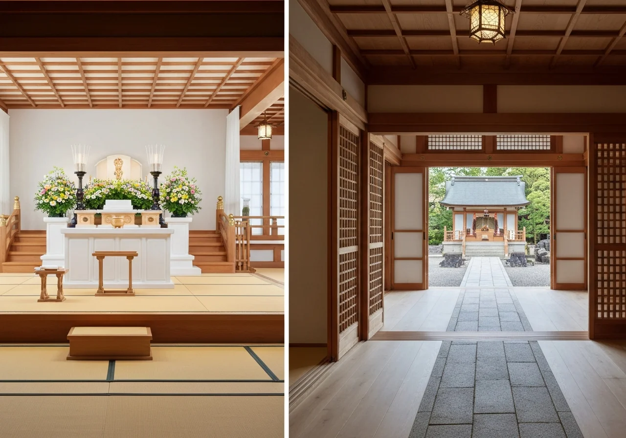 寺院の玄関で案内を受けるための静かな受付周辺